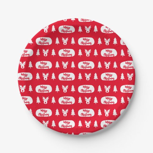 Red White Reindeer and Christmas Tree Pattern Paper Plates