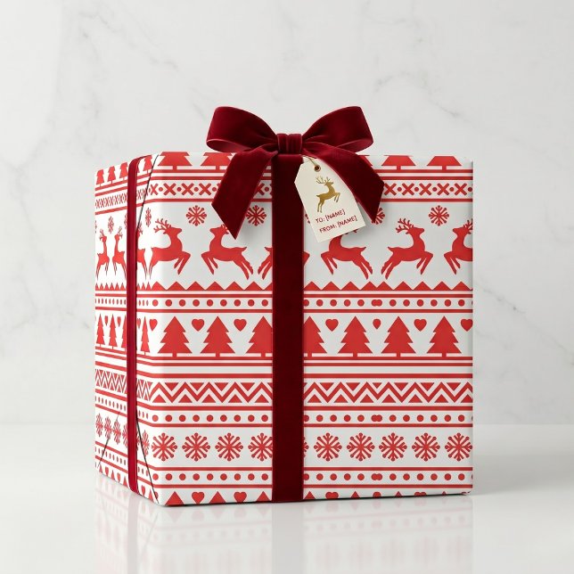 Red White Reindeer Holiday Pattern Gift Wrap (Bring the sweater look home.)