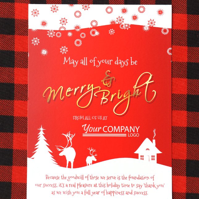 Red, White Reindeer Rustic Company Holiday Card (Red Logo, Red Gold Holiday Christmas Card for Red Company Colors)