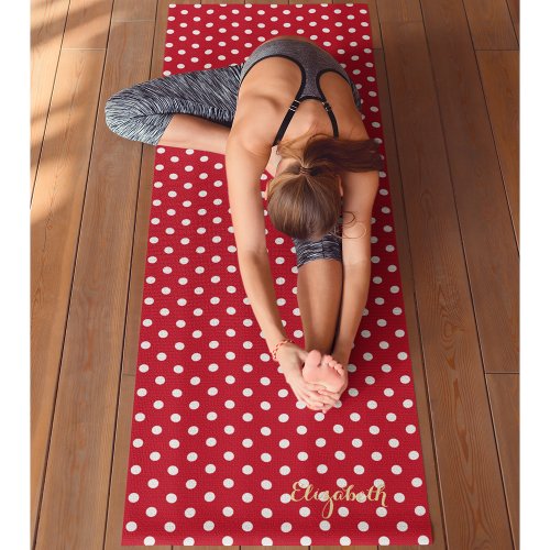 Red White Retro Chic Polka Dots Monogram Exercise Yoga Mat