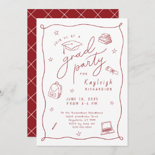 Red White Retro Hand Drawn Grad Party Invitation