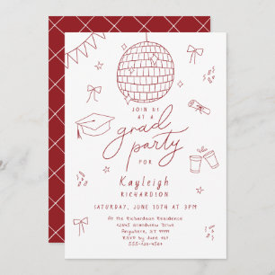 Red White Retro Hand Drawn Grad Party Invitation