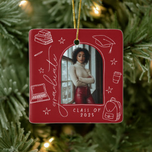 Red White Retro Hand Drawn Photo Graduation Ceramic Ornament