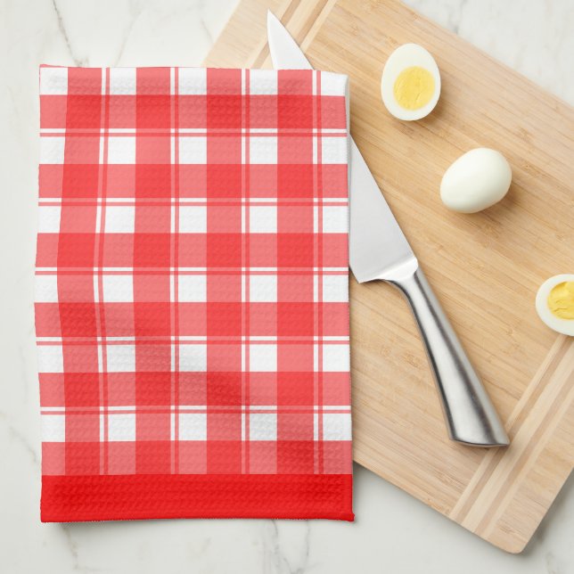 Red White Retro Plaid Checked Pattern Kitchen Towel (Quarter Fold)