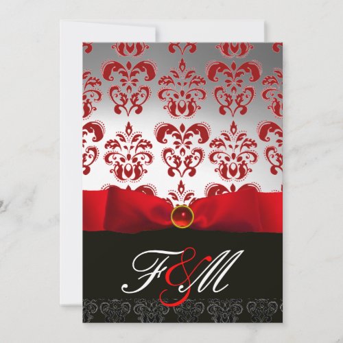 RED WHITE RIBBON  BLACK DAMASK MONOGRAM Ruby Invitation