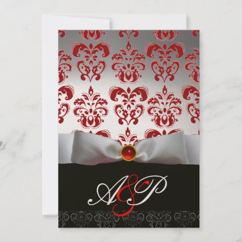 RED WHITE RIBBON  BLACK DAMASK MONOGRAM Ruby Invitation