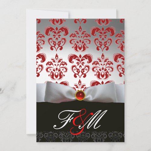 RED WHITE RIBBON  BLACK DAMASK MONOGRAM Ruby Invitation