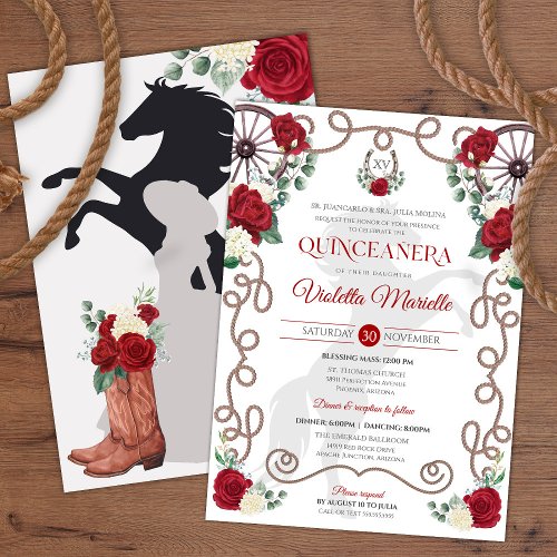 Red White Rose Elegant Western Charra Quinceanera Invitation