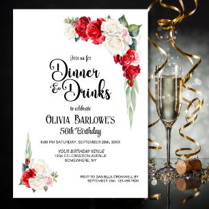 Red White Rose Floral Dinner and Drinks Birthday Invitation
