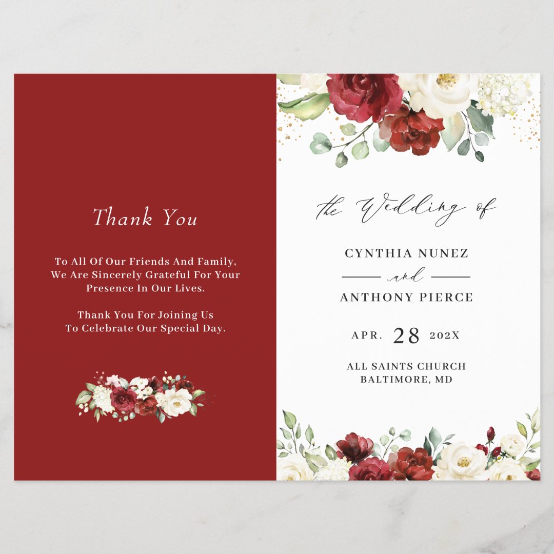 Red White Rose Floral DIY Folded Wedding Program | Zazzle