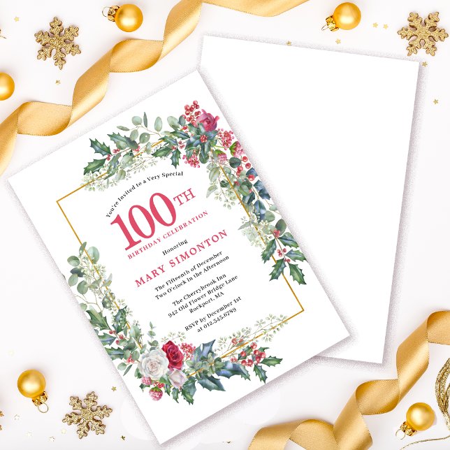 Red White Rose Floral Holly 100th Birthday Invitation (Need a matching Welcome sign? Party supplies. Message me!)