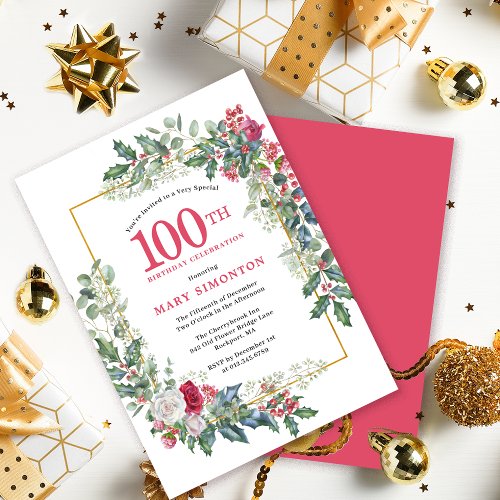 Red White Rose Floral Holly 100th Birthday Invitation