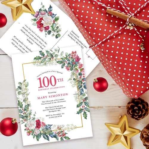 Red White Rose Floral Holly 100th Invitation Postcard