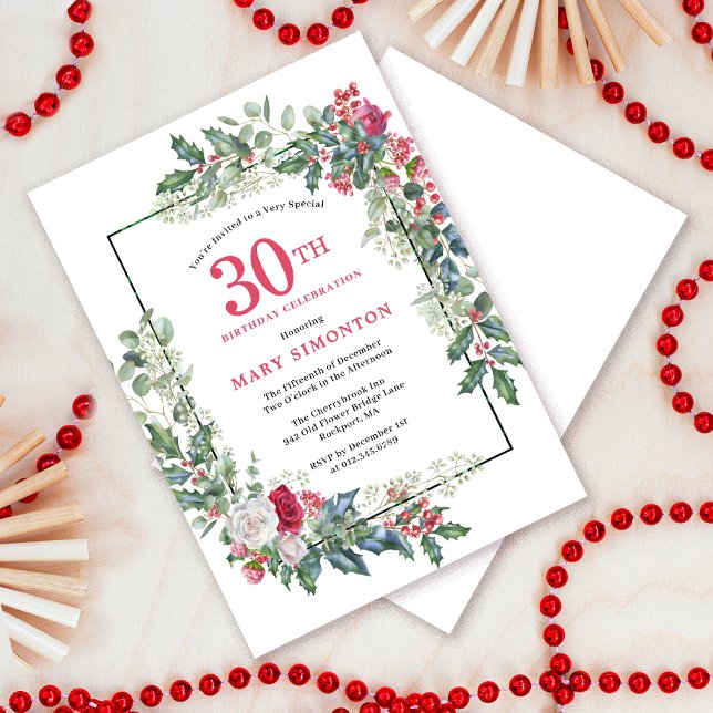 Red White Rose Floral Holly 30th Birthday Party Invitation (Need a matching welcome sign? Message me!)