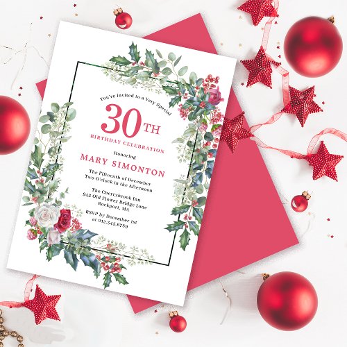 Red White Rose Floral Holly 30th Birthday Party Invitation