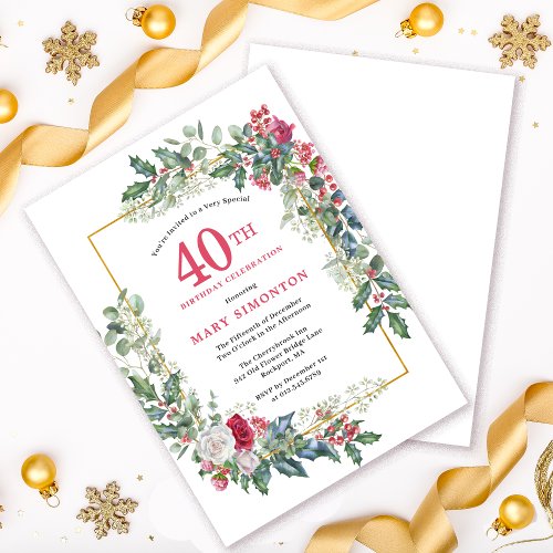 Red White Rose Floral Holly 40th Birthday Party Invitation