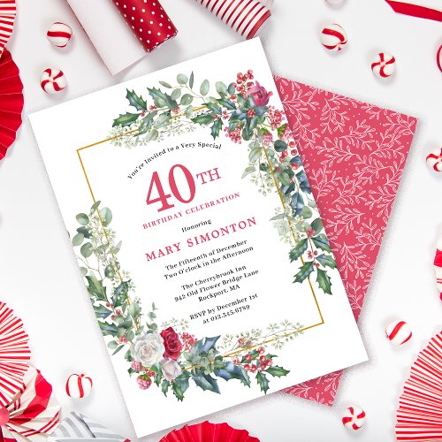 Red White Rose Floral Holly 40th Birthday Party Invitation