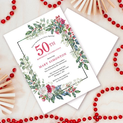 Red White Rose Floral Holly 50th Birthday Party Invitation