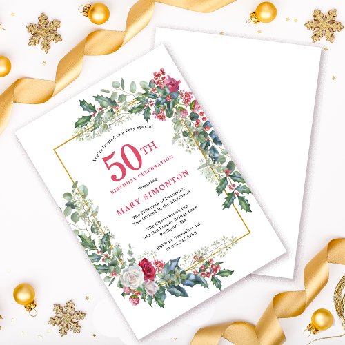Red White Rose Floral Holly 50th Birthday Party Invitation
