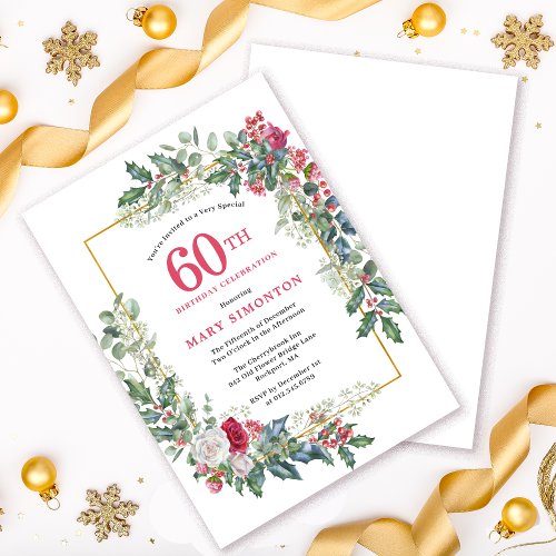 Red White Rose Floral Holly 60th Birthday Party Invitation
