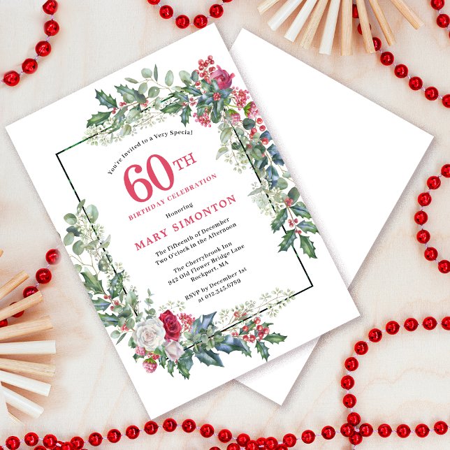 Red White Rose Floral Holly 60th Birthday Party Invitation (Need a matching welcome sign? Message me!)
