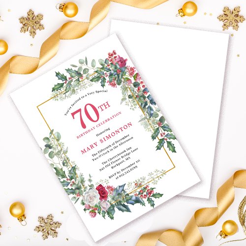 Red White Rose Floral Holly 70th Birthday Party Invitation