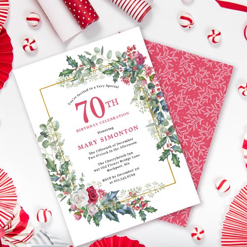 Red White Rose Floral Holly 70th Birthday Party Invitation