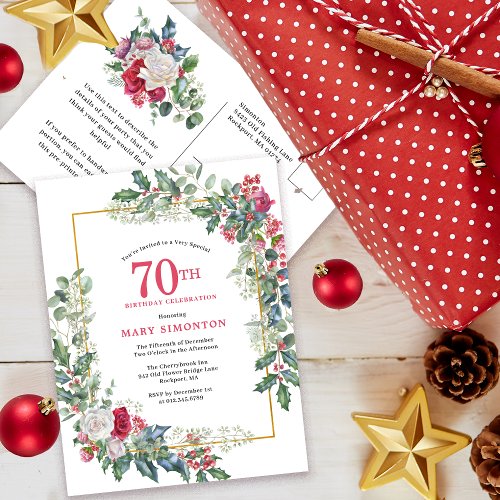 Red White Rose Floral Holly 70th Invitation Postcard