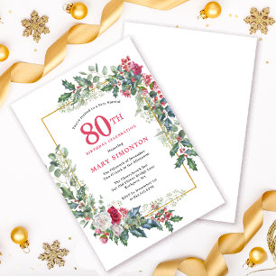 Red White Rose Floral Holly 80th Birthday Party Invitation