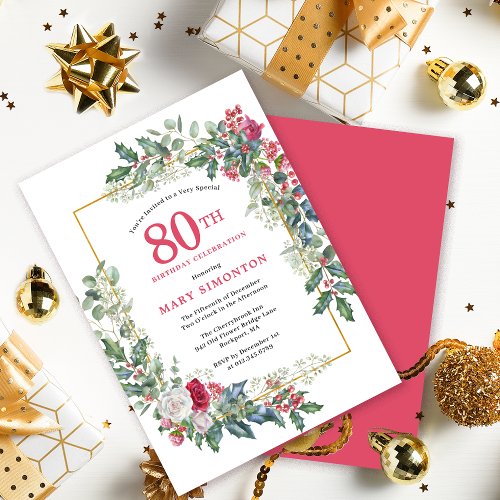 Red White Rose Floral Holly 80th Birthday Party Invitation