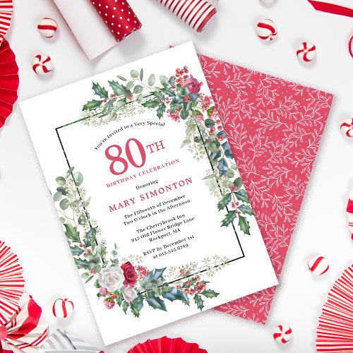 Red White Rose Floral Holly 80th Birthday Party Invitation