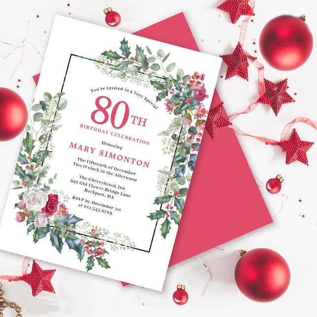 Red White Rose Floral Holly 80th Birthday Party Invitation (Need a matching welcome sign? Party supplies. Message me!)