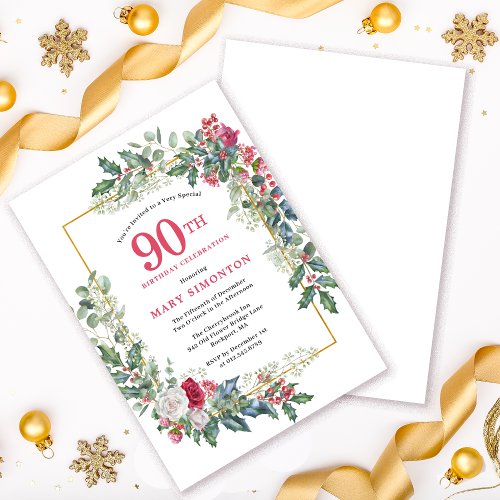 Red White Rose Floral Holly 90th Birthday Party Invitation