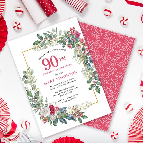 Red White Rose Floral Holly 90th Birthday Party Invitation