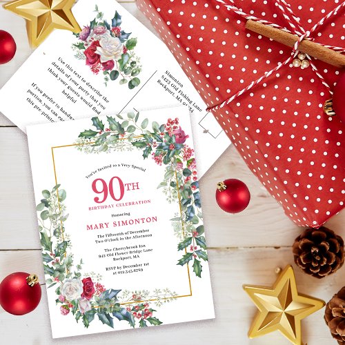 Red White Rose Floral Holly 90th Invitation Postcard