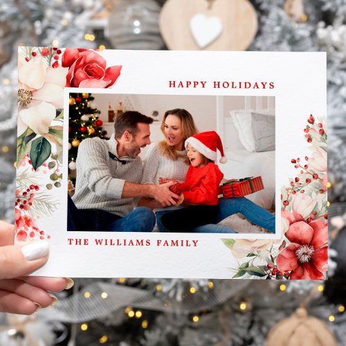 Red  White Rose Merry Christmas Photo Holiday Postcard