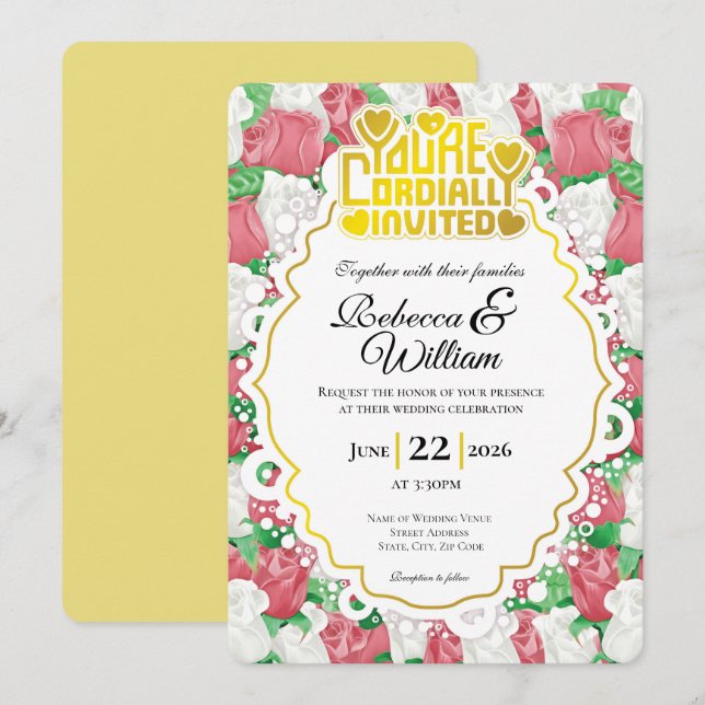 Red & White Rose Wedding Invite - Gold Lettering 3 (Front/Back)