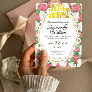 Red & White Rose Wedding Invite - Gold Lettering 4