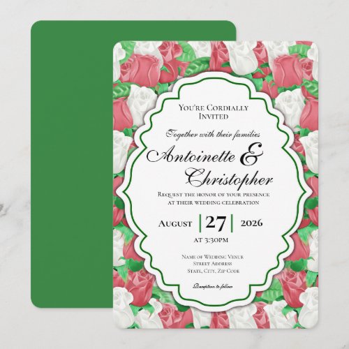 Red &amp; White Rose Wedding Invite - Green Border