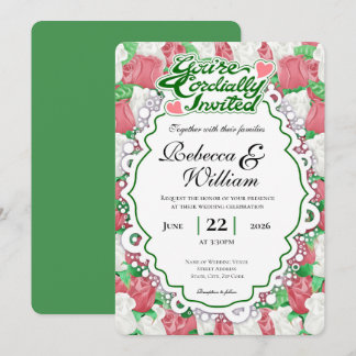 Red & White Rose Wedding Invite - Green Letters 1