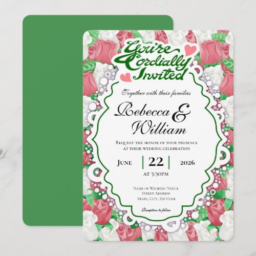 Red &amp; White Rose Wedding Invite - Green Letters 2