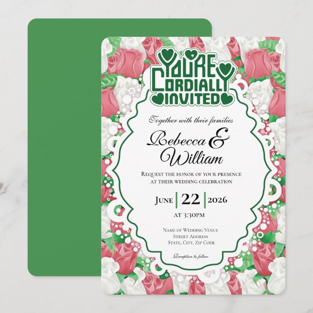 Red & White Rose Wedding Invite - Green Letters 3 (Front/Back)