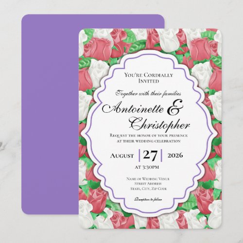 Red &amp; White Rose Wedding Invite - Purple Border