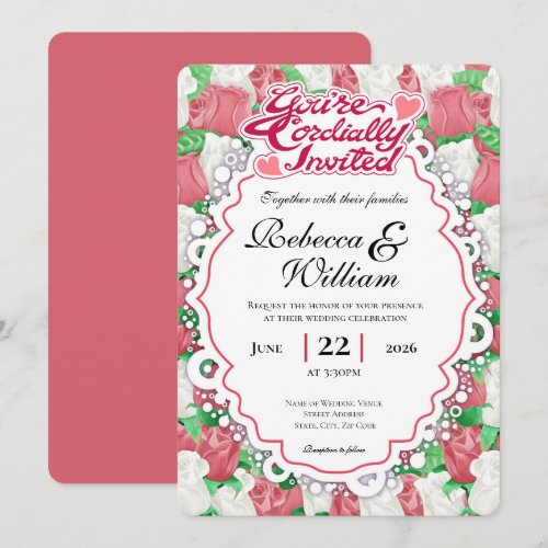Red &amp; White Rose Wedding Invite - Red Letters 1