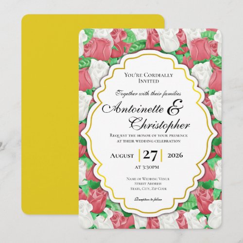 Red & White Rose Wedding Invite with Gold Border