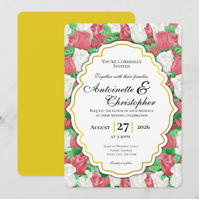 Red & White Rose Wedding Invite with Gold Border (Front/Back)