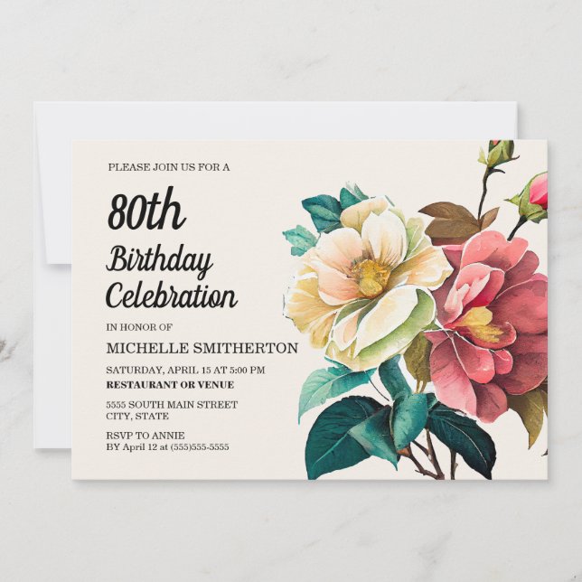 Red White Roses 80th Birthday Invitation (Front)