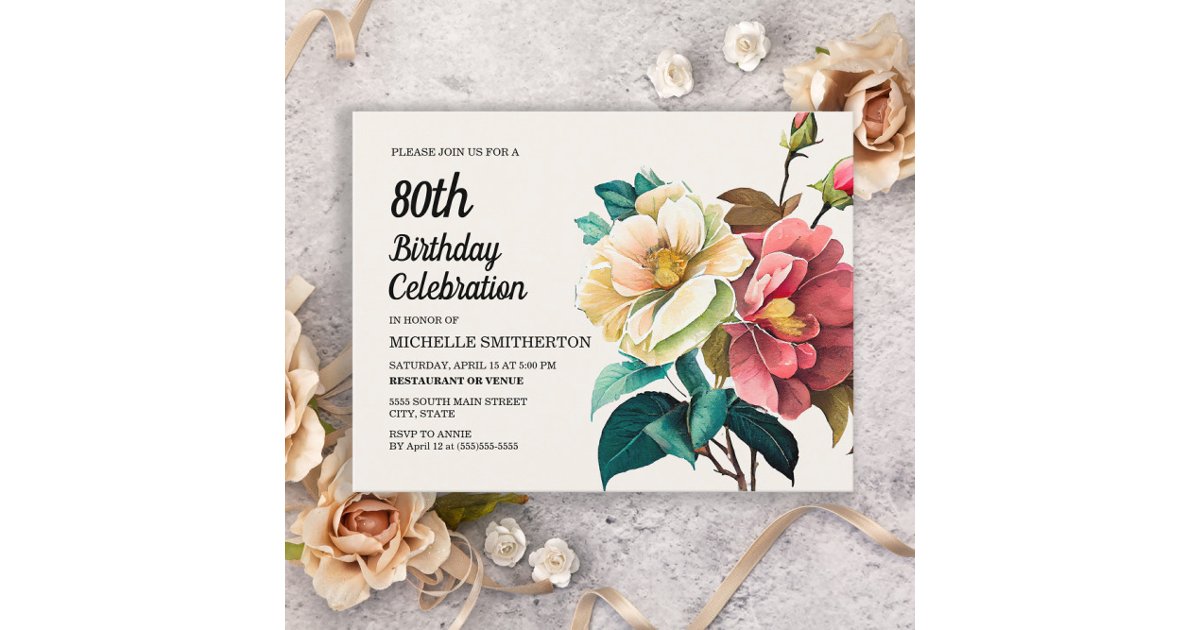 Red White Roses 80th Birthday Invitation Postcard | Zazzle