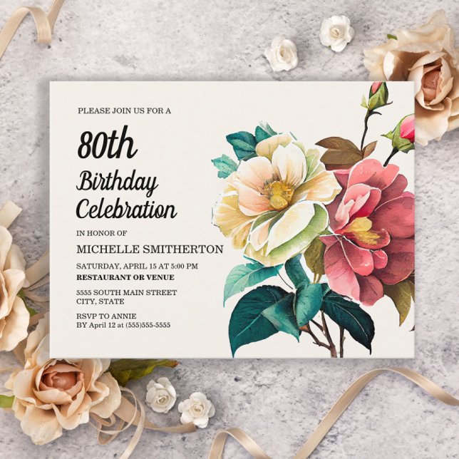 Red White Roses 80th Birthday Invitation Postcard (Creator Uploaded)