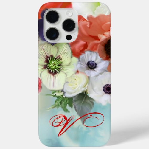 RED WHITE ROSES AND ANEMONE FLOWERS MONOGRAM iPhone 15 PRO MAX CASE